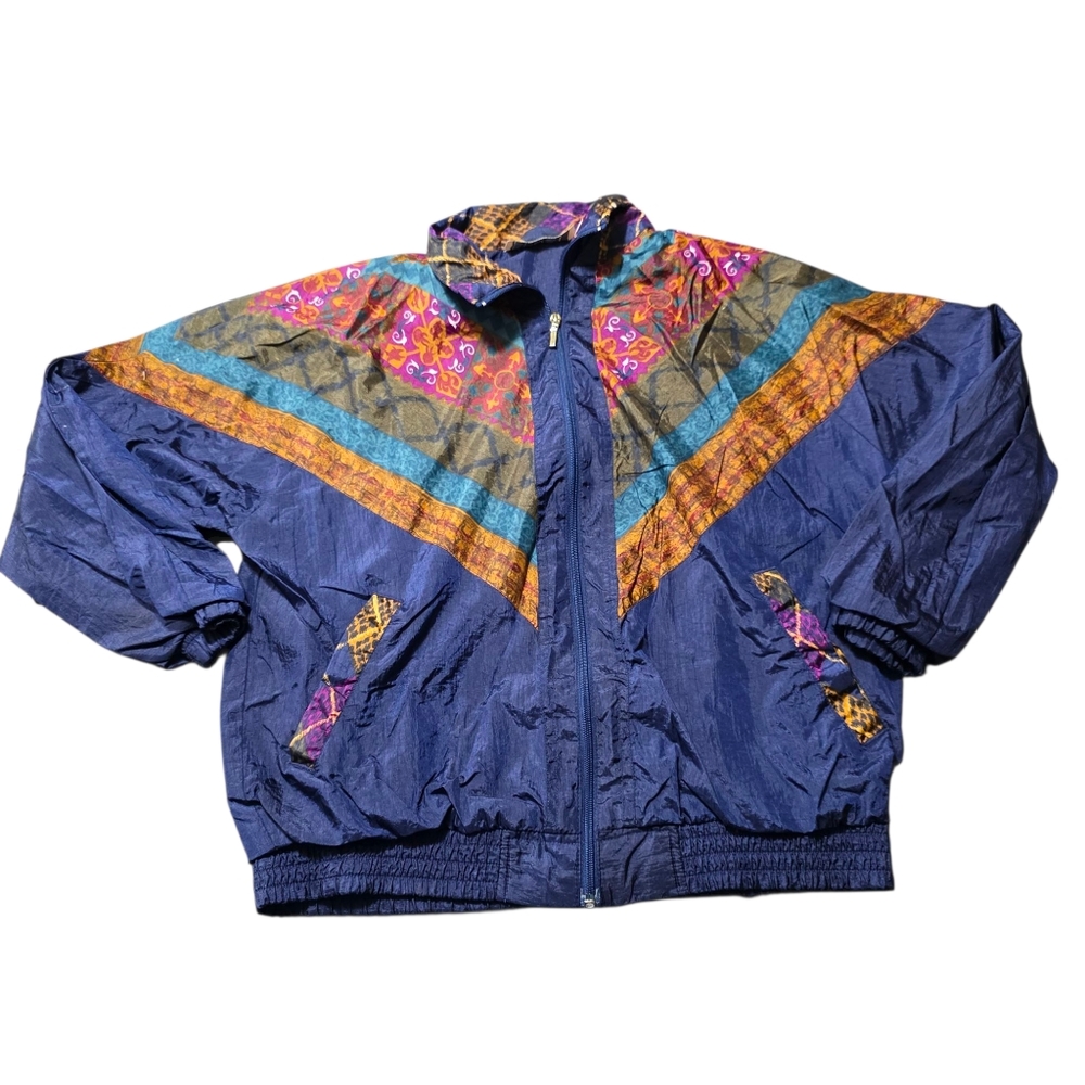 90's VINTAGE Nylon Jacket Geometric Pattern V-Line Medium Big Silhouette *read